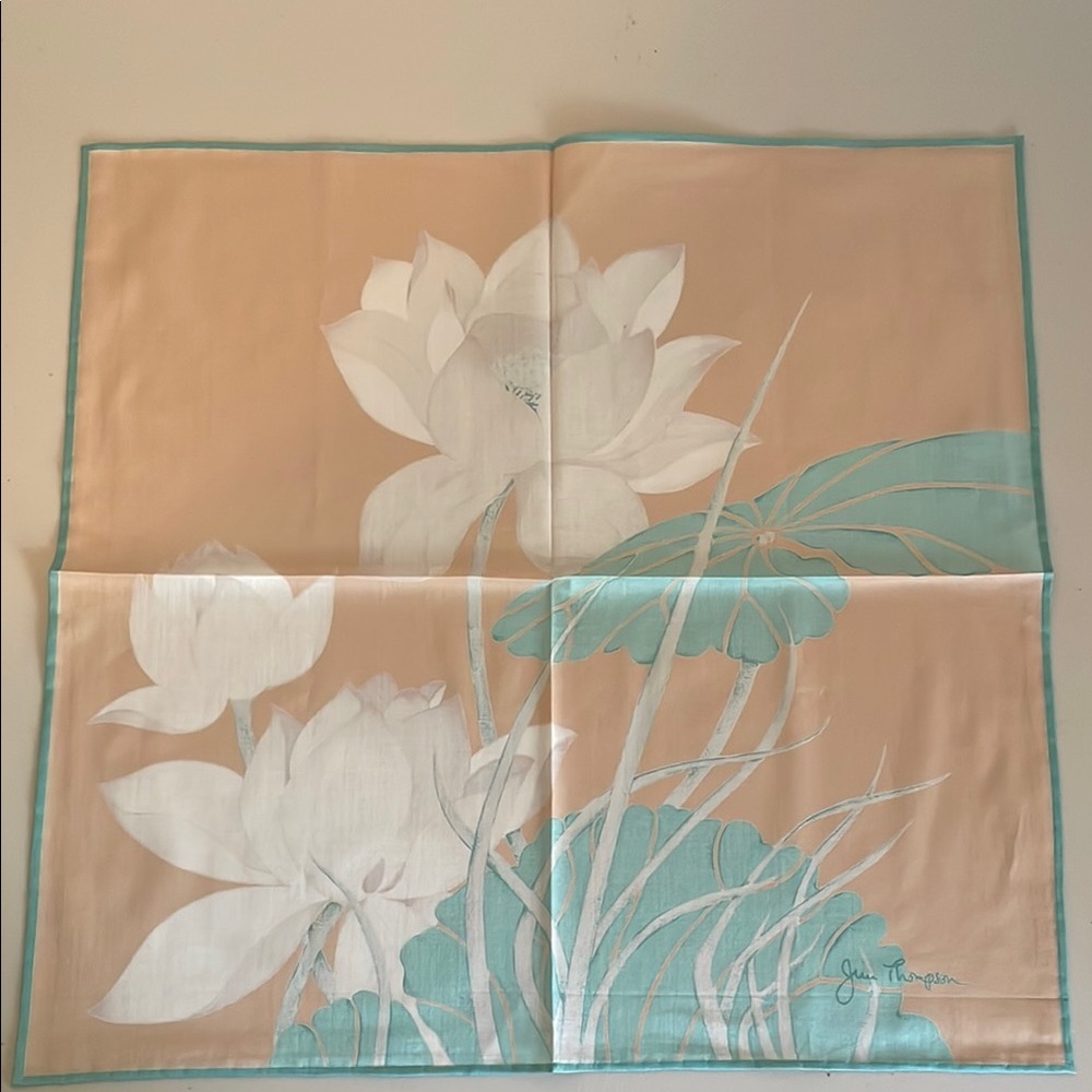 Jim Thompson Lotus Flowers Silk pocket Square Handkerchief Beige Teal Peach